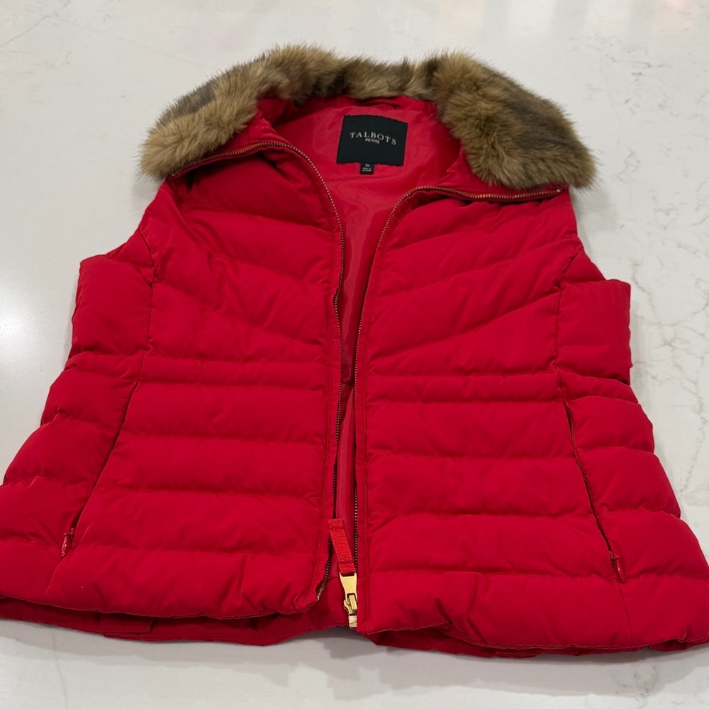 Talbots Vibrant Red Quilted Vest with Faux Fur Trim